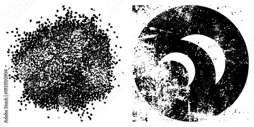 Distressed halftone speckles forming organic mass, paired with weathered circular stencil motif, vector art with gritty texture, isolated graphic elements.