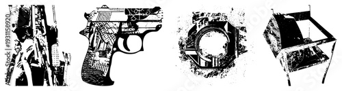 Vector art featuring gun, hex bolt, chair and rifle in high contrast black and white, abstract forms, graphic design elements, isolated objects, halftone texture, stencil style.
