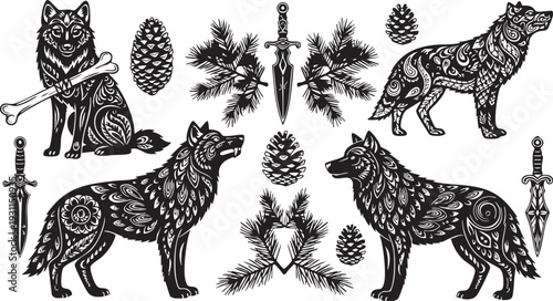 Intricate black and white wolf and nature with daggers and pinecones wolves detailed