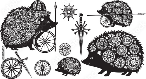 Intricately Designed Hedgehogs with Wheels and Symbols in Black and White patterns