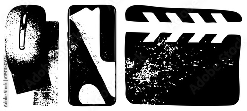 Computer mouse, smartphone, clapperboard with distressed texture, digital interface symbols, vector, graphic design elements.