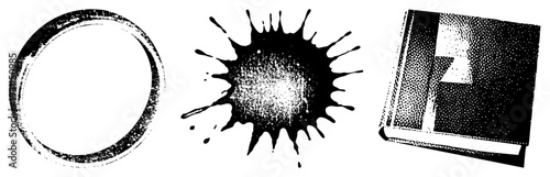 Artistic ink blot, circular brushstroke, book rendered in halftone style, graphic design elements, vector assets.