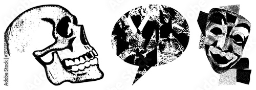 Skeletal skull, abstract fragmented symbol, theatrical comedy mask stark halftone graphic, vintage poster style, conceptual art, design.