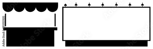 Black of vintage market stall with scalloped awning and contemporary billboard with hanging lights, minimalist vector for urban design or advertising layout.