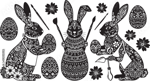 Three intricately decorated bunnies painting eggs with floral patterns and holding brushes