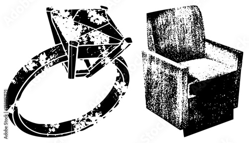 Distressed halftone ring and armchair, retro graphic design, vector, isolated objects, stylized furniture, diamond ring illustration.