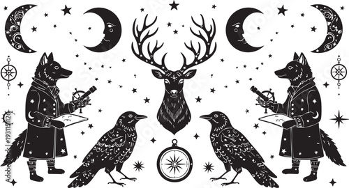 Two anthropomorphic wolves holding scrolls with crows and a deer head in a starry night scene