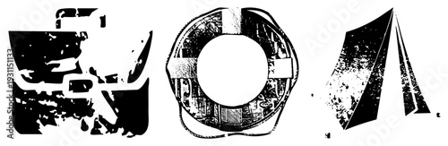 Stylized vector with fragmented shapes, distressed textures, bold contrasts. Includes suitcase, lifebuoy, angular tent. Ideal for modern graphic design.