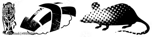 Stylized tiger with angular, hammer with distressed texture, rodent with halftone dot all isolated vector. Tribal, graphic, stencil style animal and tool motifs.