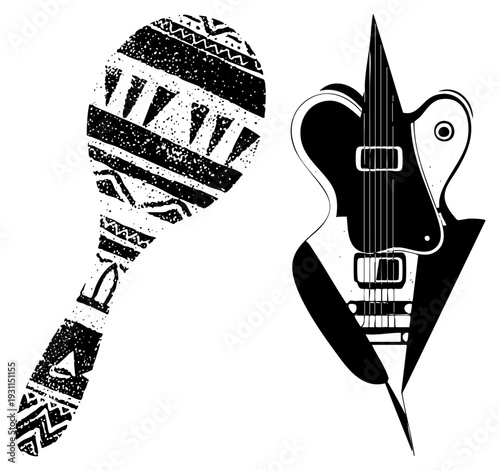 Retro style electric guitar and maraca, cultural percussion instrument, stylized vector art, music symbols, graphic design elements, illustration.