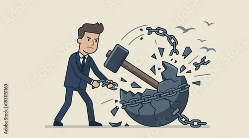 Businessman Breaking a Chained Stone Ball with a Sledgehammer, Symbolizing Liberation from Routine, Overcoming Obstacles, Breaking Bad Habits, and Achieving Personal Freedom, Success, and Growth.
