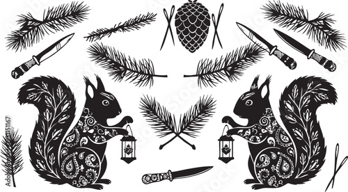 Two black and white squirrels holding lanterns surrounded by pine branches and knives
