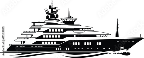 Luxury yacht silhouette sailing on ocean waves isolated on white maritime vector illustration