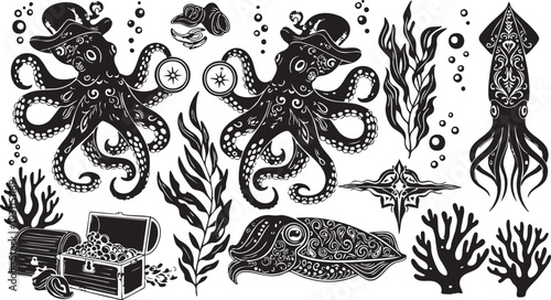 Two Octopuses Wearing Hats with Underwater Treasures and Sea Creatures chest