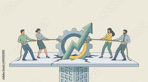 Illustration of a business team pulling a gear and upward arrow through a floor, representing corporate growth, collective effort, teamwork, and overcoming obstacles for company success.