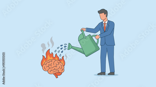 Businessman in Blue Suit Using Watering Can to Extinguish Fire on Burning Human Brain, Symbolizing Psychological Therapy, Mental Health Support, Stress Management, and Professional Burnout Relief