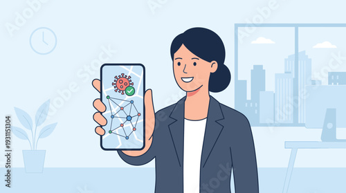 Businesswoman Holding Smartphone with Virus Tracking and Contact Tracing Application on Screen, Flat Vector Illustration of Health Safety Technology in Modern Office Workspace Environment
