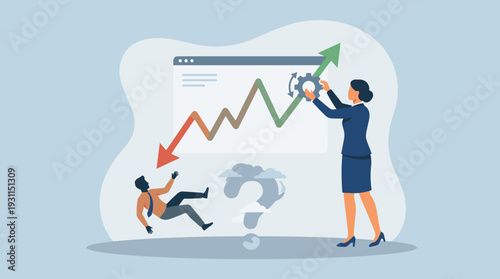 Businesswoman Adjusting Gear on Volatile Stock Market Graph with Rising and Falling Arrows, Investor Falling into Uncertainty Question Mark, Concept of Financial Risk and Market Fluctuations