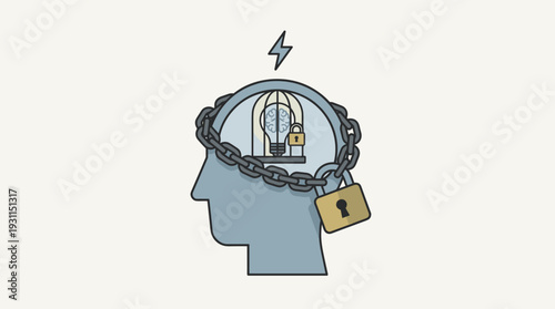 Conceptual vector illustration of a human head with chains and padlock, symbolizing a fixed mindset, mental block, restricted creativity, and trapped ideas within a locked cage and lightbulb.