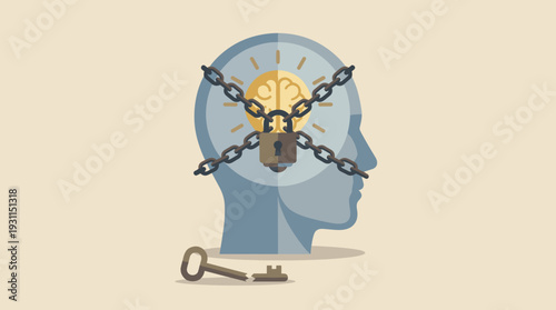 Conceptual Illustration of a Fixed Mindset and Mental Block Featuring a Human Head Profile with Chains and a Padlock Over a Glowing Brain and a Broken Key Representing Psychological Limitations