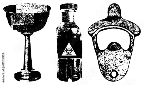 Retro cocktail coupe, hazardous liquid bottle with biohazard symbol, vintage bottle opener, distressed halftone print, isolated vector.