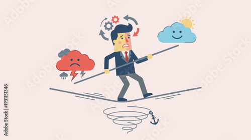 Emotional Balance Concept with Businessman Walking on Tightrope Between Sad Stormy Cloud and Happy Sunny Cloud, Representing Mental Stability, Stress, and Psychological Harmony in Workplace.