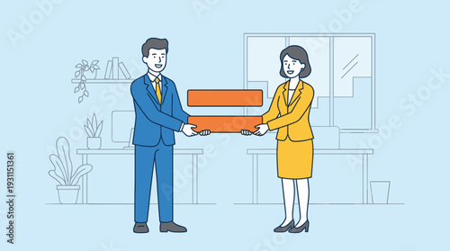 Gender equality in the workplace concept showing a man and woman holding an equals sign. Illustrating equal pay, fair job opportunities, and diversity inclusion for corporate business employees.