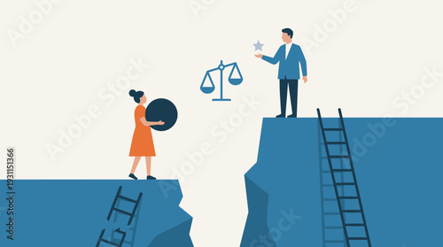 Gender inequality and gap between men and women concept illustration with man on high cliff holding star and woman on lower cliff carrying heavy weight, social unfairness and career disparity.
