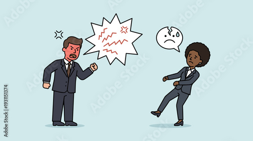 Aggressive businessman boss shouting at female employee of color, hate speech and racism concept, toxic work environment with harassment, discrimination and emotional abuse, vector illustration.