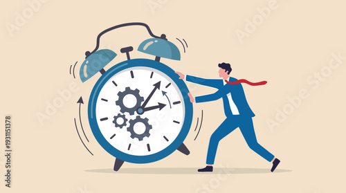Businessman Trying to Stop Time or Push Back the Clock for Deadline Management Concept, Professional Man in Suit Struggling with Time Constraints and Productivity Pressure Vector Illustration