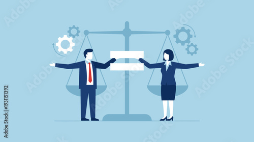 Gender Equality in the Workplace Concept Illustration Showing a Man and Woman Holding an Equals Sign in Front of Scales of Justice Representing Fair Job Opportunities and Professional Balance.
