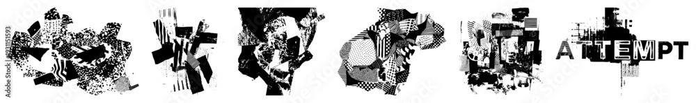 Obraz premium Fragmented vector shapes with halftone textures and stippling, abstract composition, graphic design elements, black and white vector art, modern art.