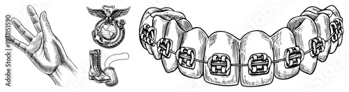 Vintage engraved style illustrations of USMC eagle globe anchor, hand salute, combat boot, and dental braces. Classic military and orthodontic symbols rendered in detailed art.
