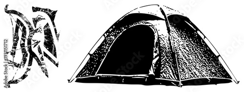 Stylized graffiti tag art and dome tent graphic, urban street art, outdoor camping gear, black and white halftone design, vector art.