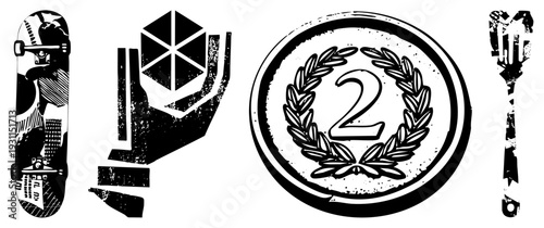 Graphic depicting skateboard with urban, hand cradling geometric cube, second place laurel medal, and textured toothbrush all in vector style with distressed texture.
