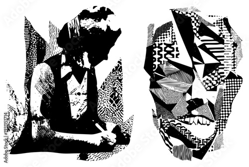 Stylized human portraits rendered in halftone and geometric, graphic design art, vector illustration, aesthetic, modern abstract art.
