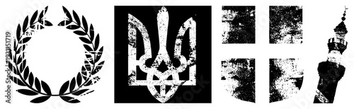 Wreath, Ukrainian trident, minaret, distressed textures, vector, symbolic emblems, historical motifs, cultural symbols.