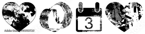 Grungy black and white vector symbols broken heart, zero, calendar with date 3, textured heart. Ideal for UI, print, or graphic design projects.