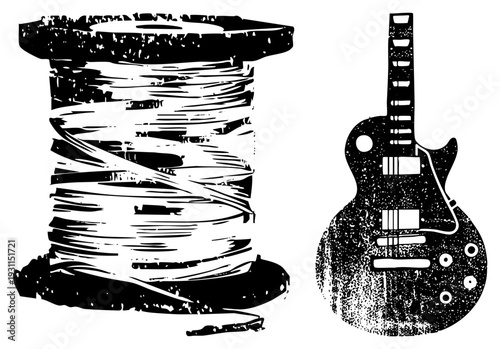 Black and white vector graphic showing coiled wire spool and electric guitar, textured halftone effect, artistic illustration, isolated elements, musical instrument, industrial material.