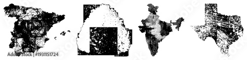 Black and white halftone maps of Spain, Australia, India, and Texas, vector graphic, isolated shapes, dot texture, geographic.