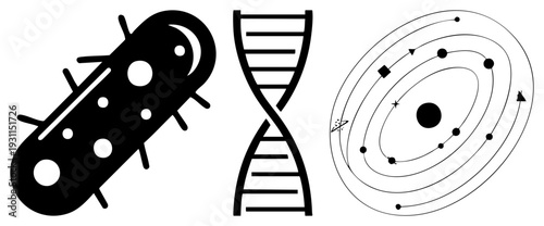 Scientific symbols bacterium cell, DNA helix, planetary orbits, biology and astronomy, flat vector graphics, educational science visuals.