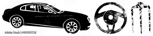 Black vector silhouette of classic sedan, distressed steering wheel, and gear shift lever, flat design, automotive, isolated elements, car, transport symbols.