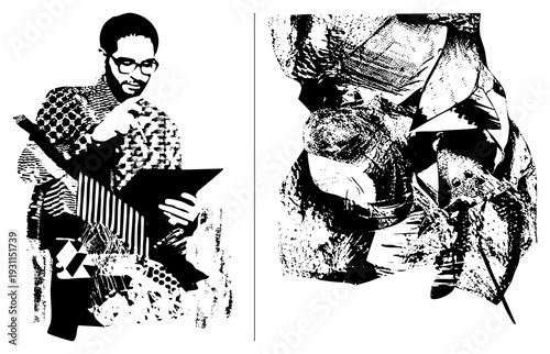 Stylized musician with glasses playing, halftone shading, abstract geometric shapes, vector art, illustration, artistic expression.