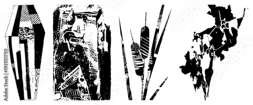 Stylized vector art featuring coffin, tombstone, reeds, and fragmented human silhouette, high contrast graphic design, gothic and natural motifs.