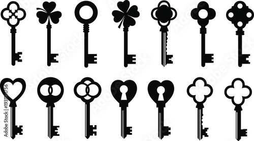 Vintage key silhouette collection with decorative antique lock keys isolated on white vector set