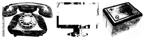 Retro rotary telephone, computer monitor, car battery classic tech, vector illustration, digital and analog devices, halftone style, tech history.