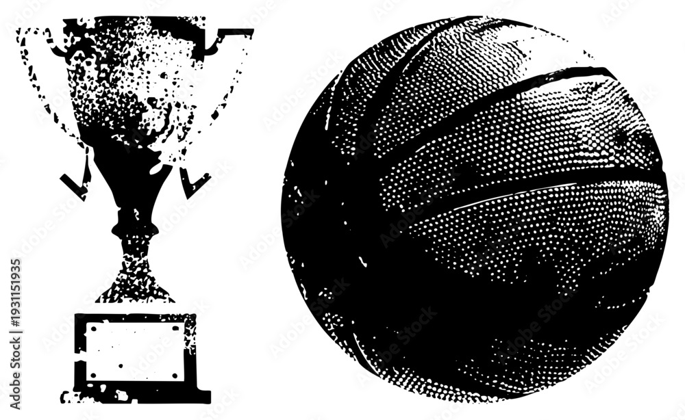 Fototapeta premium Vintage style halftone graphic of basketball and championship trophy, sports victory symbols, athletic achievement, classic dot design.