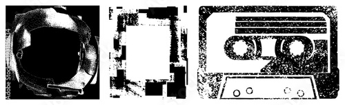 Pixelated cassette tape with reels and playback buttons, halftone textured frame, retro symbols, vector illustration, isolated graphic elements.