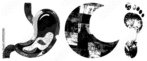 Black and white halftone vector letters D, O, C stylized with dot, footprints, and textured shapes, graphic design elements, isolated foreground.