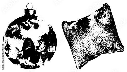 Black and white halftone Christmas bauble and plush pillow, festive decor, holiday season, graphic design element, vector illustration, textured surface, minimalist aesthetic.